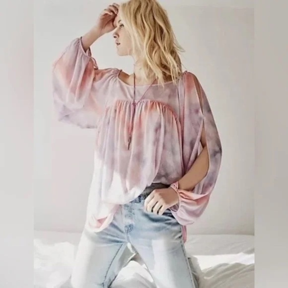 Free People Tie Dye Mystic Tunic Top Split Sleeves Cold Shoulder XS Z182-21 - Picture 1 of 6